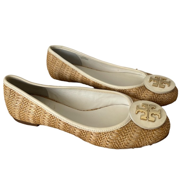 Tory Burch Shoes - NWOT Tory Burch Reva Raffia Womens Straw Ballet Flat Gold logo Size 6.5